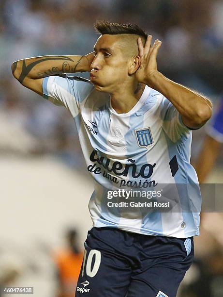 Ricardo Centurion of Racing Club celebrates after scoring the opening goal during a match between Racing Club and Godoy Cruz as part of 19th round of...