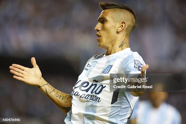 Ricardo Centurion of Racing Club celebrates after scoring the opening goal during a match between Racing Club and Godoy Cruz as part of 19th round of...