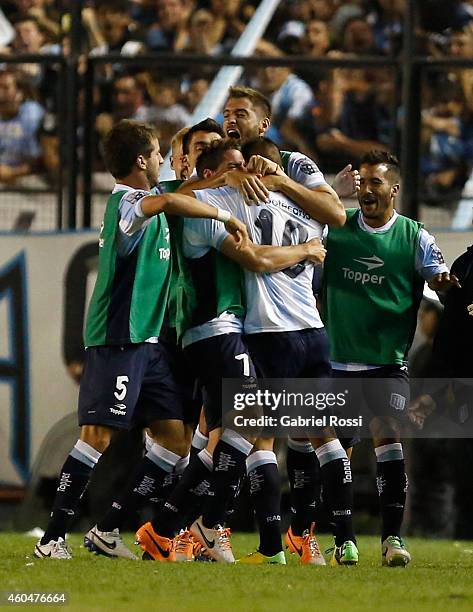 Ricardo Centurion of Racing Club and teammates celebrate the opening goal during a match between Racing Club and Godoy Cruz as part of 19th round of...