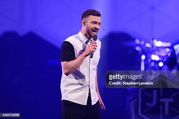 Musician Justin Timberlake performs on stage at Barclays Center on December 14, 2014 in the Brooklyn borough of New York City.