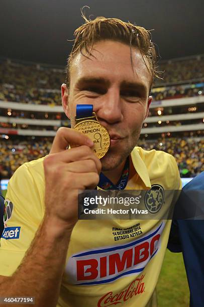 Miguel Layun of America celebrates after a Final second leg match between America and Tigres UANL as part of the Apertura 2014 Liga MX at Azteca...