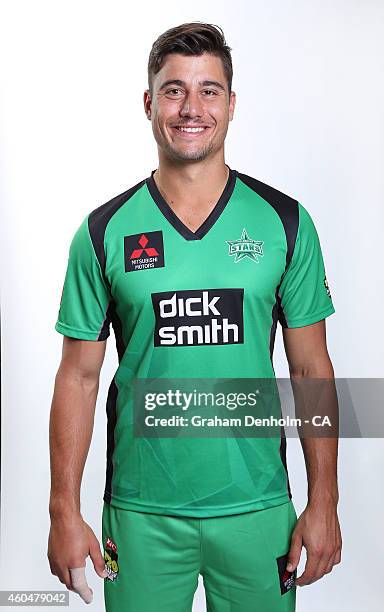 Marcus Stoinis poses during the Melbourne Stars Big Bash League headshots session at the Melbourne Cricket Ground on December 15, 2014 in Melbourne,...