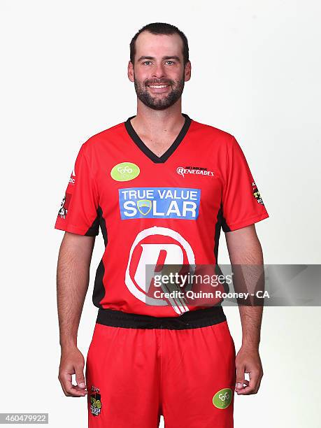 Alex Doolan of the Renegades poses during the Melbourne Renegades Big Bash League headshots session at Soniq Headquarters on December 15, 2014 in...