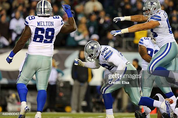 Jeremy Mincey of the Dallas Cowboys reacts during the game against the Philadelphia Eagles at Lincoln Financial Field on December 14, 2014 in...