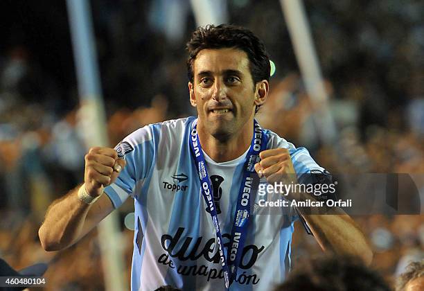 Diego Milito of Racing Club celebrates the championship after winning a match between Racing Club and Godoy Cruz as part of 19th round of Torneo de...