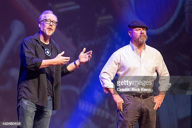 Television personalities Adam Savage and Jamie Hyneman appear on stage during 'MythBusters: Behind the Myths' at ACL Live on December 14, 2014 in...