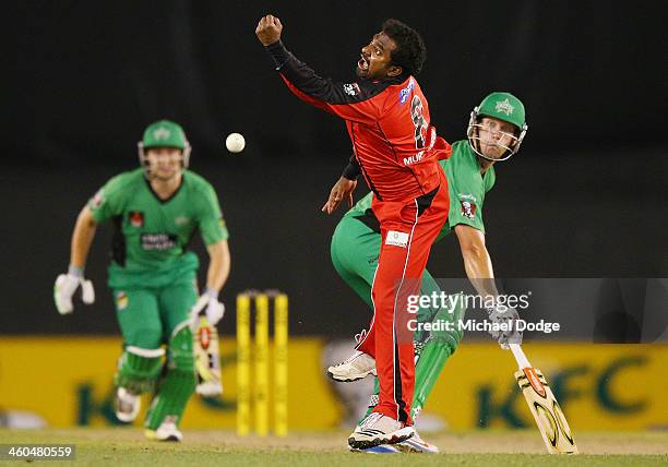 Muttiah Muralitharan of the Renegades drops a catch to dismiss Luke Wright of the Stars during the Big Bash League match between the Melbourne...