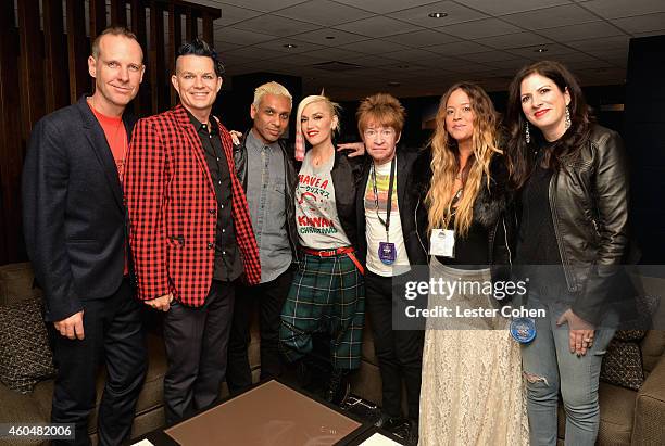 Musicians Tom Dumont, Adrian Young, Tony Ashwin Kanal and Gwen Stefani of No Doubt and KROQ DJs Rodney Bingenheimer, Nicole Alvarez and KROQ Music...