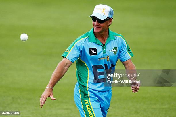 Andy Bichel of the Legends XI fields during the Twenty20 match between the Perth Scorchers and Australian Legends at Aquinas College on December 15,...