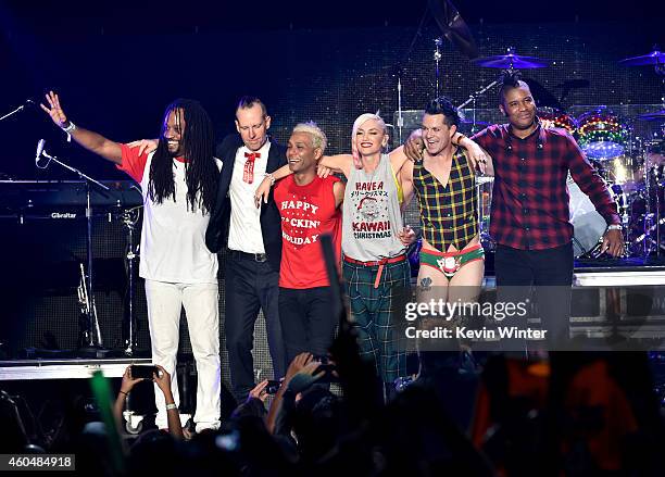 Musicians Stephen Bradley, Tom Dumont, Tony Ashwin Kanal, Gwen Stefani, Adrian Young and Gabrial McNair of No Doubt perform onstage during day two of...