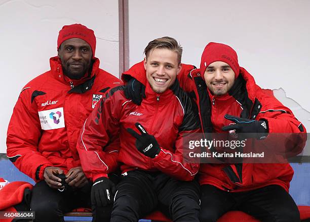 Steve Gohouri, Sascha Eichmeier and Okan Aydin of Erfurt on the bench during the 3.Liga match between FC Rot Weiss Erfurt and FC Hansa Rostock at...