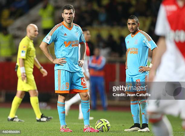 Andre-Pierre Gignac and Dimitri Payet of OM look on during the French Ligue 1 match between AS Monaco FC v Olympique de Marseille OM at Stade Louis...
