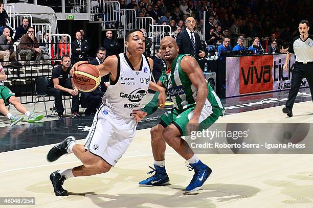 Abdul Gaddy of Granarolo competes with Sundiata Gaines of Sidigas during the LegaBasket serie A1 match between Virtus Granarolo Bologna and Sidigas...