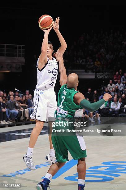 Simone Fontecchio of Granarolo competes with Sundiata Gaines of Sidigas during the LegaBasket serie A1 match between Virtus Granarolo Bologna and...