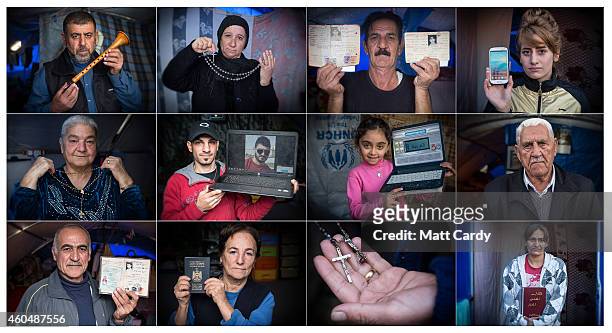 In this composite image, Iraqi Christians, pose with the one possession that they could not leave behind, when asked about their families in their...
