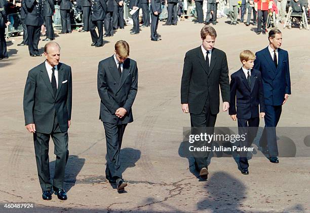 The Duke of Edinburgh, Prince William, Earl Spencer, Prince Harry, and Charles, Prince of Wales join the Funeral Procession, at Diana Princess of...