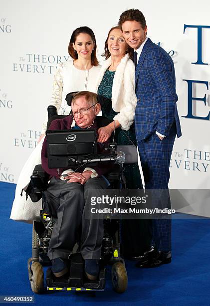 Felicity Jones, Professor Stephen Hawking, Jane Hawking and Eddie Redmayne attend the UK Premiere of 'The Theory Of Everything' at Odeon Leicester...