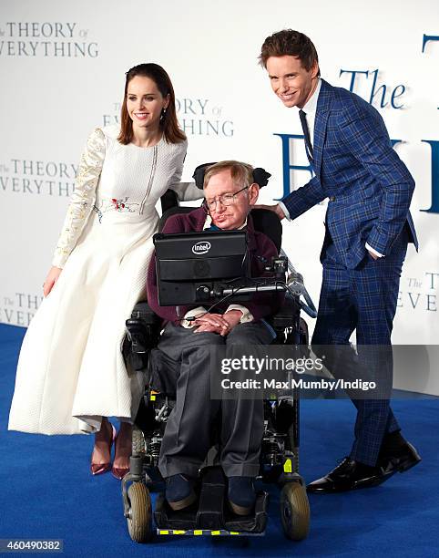 Felicity Jones, Professor Stephen Hawking and Eddie Redmayne attend the UK Premiere of 'The Theory Of Everything' at Odeon Leicester Square on...