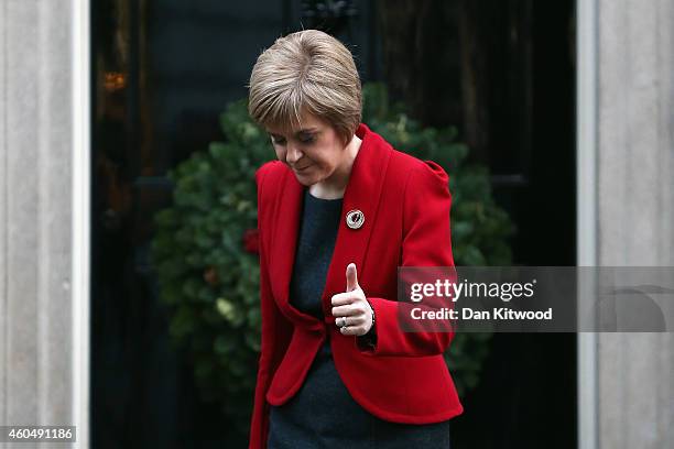 First Minister of Scotland Nicola Sturgeon leaves 10 Downing Street on December 15, 2014 in London, England. Nicola Sturgeon met with British Prime...