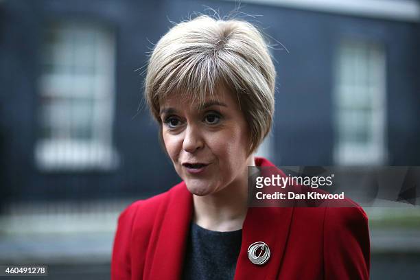 First Minister of Scotland Nicola Sturgeon speaks to reporters outside 10 Downing Street on December 15, 2014 in London, England. Nicola Sturgeon met...