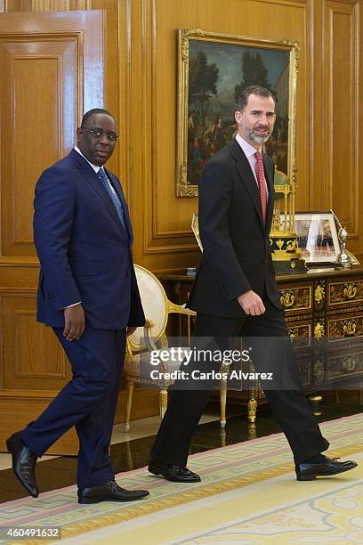 King Felipe VI of Spain receives Senegal's President Macky Sall at the Zarzuela Palace on December 15, 2014 in Madrid, Spain.