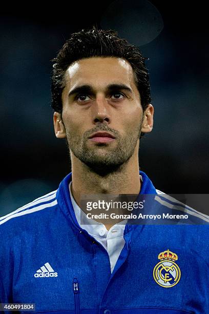 Alvaro Arbeloa of Real Madrid CF looks on standed at the squad«s line up prior to start the UEFA Champions League Group B match between Real Madrid...