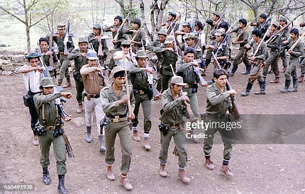 Picture taken in the 80's of Revolutionary Armed Forces of Colombia fighters during training at a camp somewhere in the Colombian mountainous region....