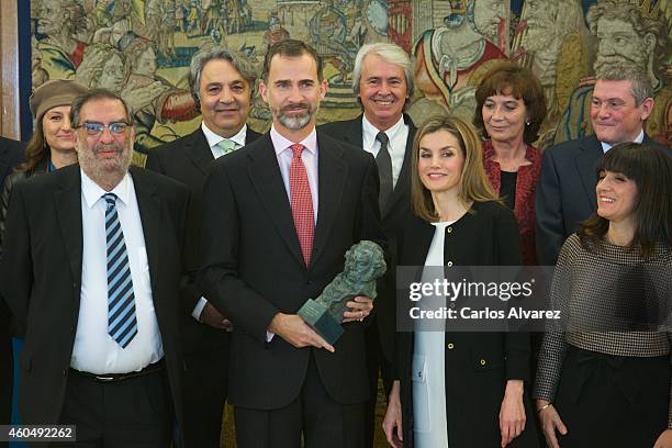 King Felipe VI of Spain and Queen Letizia of Spain receive Academia de las Artes y Las Ciencias Cinematograficas members at the Zarzuela Palace on...