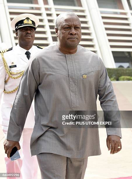 Ghanaian President and ECOWAS chairman John Mahama arrives to attend the Summit of ECOWAS Heads of state and government in Abuja on December 15,...