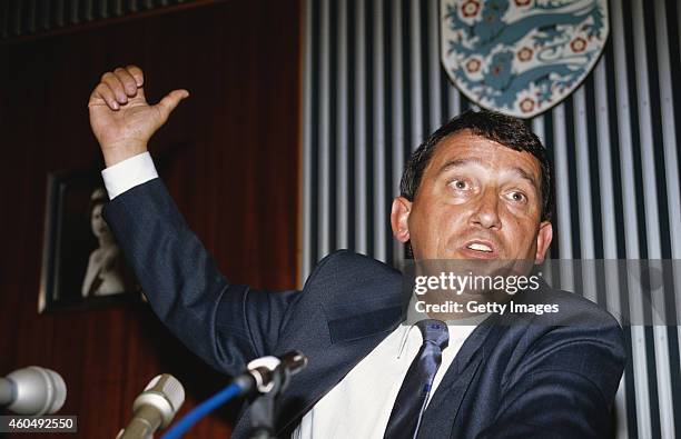 England manager Graham Taylor reacts during his Press unveiling as the new England manager at FA headquarters on July 16, 1990 in London, England