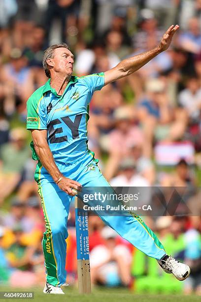 Andy Bichel of the Legends XI bowls during the Twenty20 match between the Perth Scorchers and Australian Legends at Aquinas College on December 15,...