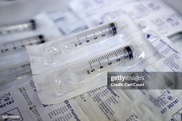 Syringes are pictured in a General Practitioners surgery on December 4, 2014 in London, England. Ahead of next years general election, the Chancellor...