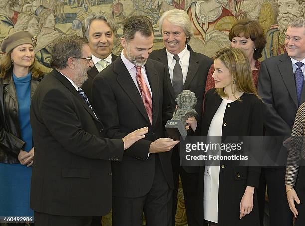 King Felipe VI of Spain and Queen Letizia of Spain receive members of the Academia de las Artes y las Ciencias Cinematograficas at Zarzuela Palace on...
