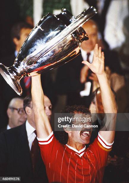 Liverpool captain Graeme Souness lifts the trophy after Liverpool had beaten AS Roma to win the 1984 European Cup Final on penalties at the Olympic...