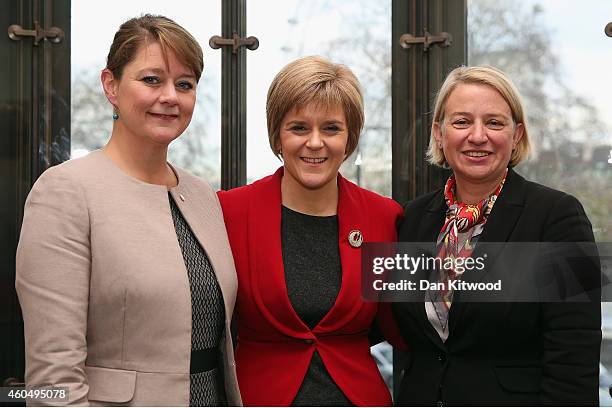 First Minister Nicola Sturgeon the leader of Plaid Cymru, Leanne Wood, and the leader of the Green Party of England and Wales, Natalie Bennett, pose...