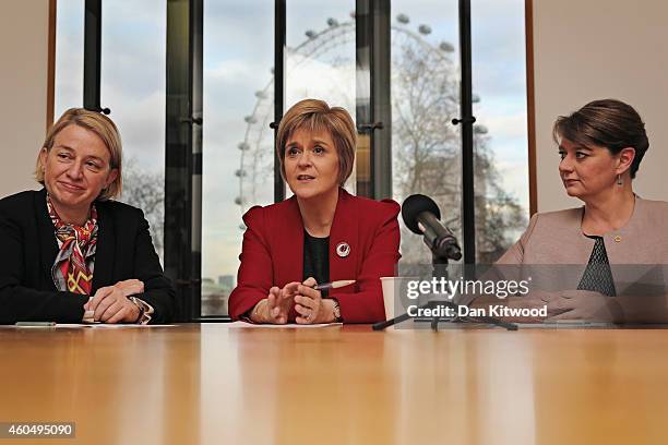 First Minister Nicola Sturgeon the leader of Plaid Cymru, Leanne Wood, and the leader of the Green Party of England and Wales, Natalie Bennett, speak...