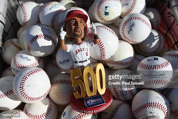 Detail shot of the Albert Pujols of the Los Angeles Angels bobble head celebrating his 500 career home runs on a pile of baseballs at Angel Stadium...