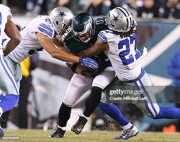 Wilcox and Kyle Wilber of the Dallas Cowboys tackle Brent Celek of the Philadelphia Eagles and forces a fumble at Lincoln Financial Field on December...