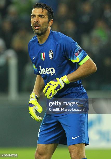 Gianluigi Buffon of Juventus FC looks on during the UEFA Champions League group A match between Juventus and Club Atletico de Madrid at Juventus...