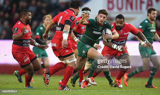 Owen Williams of Leicester runs with the ball during the European Rugby Champions Cup pool three match between RC Toulon and Leicester Tigers at...