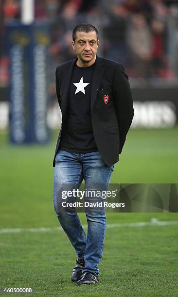 Mourad Boudjellal, owner of RC Toulon looks on during the European Rugby Champions Cup pool three match between RC Toulon and Leicester Tigers at...