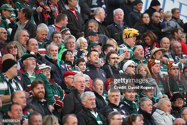 Group of Leicester supporters shout encouragement during the European Rugby Champions Cup pool three match between RC Toulon and Leicester Tigers at...