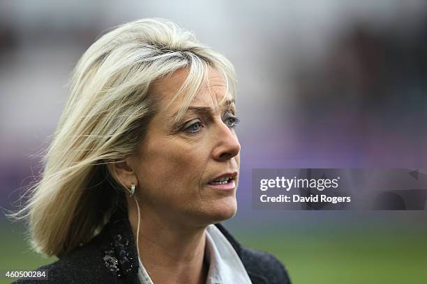 Jill Douglas, television sports presenter looks on during the European Rugby Champions Cup pool three match between RC Toulon and Leicester Tigers at...