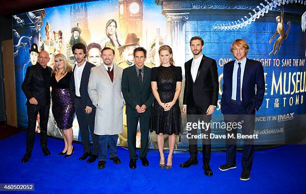Sir Ben Kingsley, Rebel Wilson, director Shawn Levy, Ricky Gervais, Ben Stiller, Alice Eve, Dan Stevens and Owen Wilson attend the UK Premiere of...