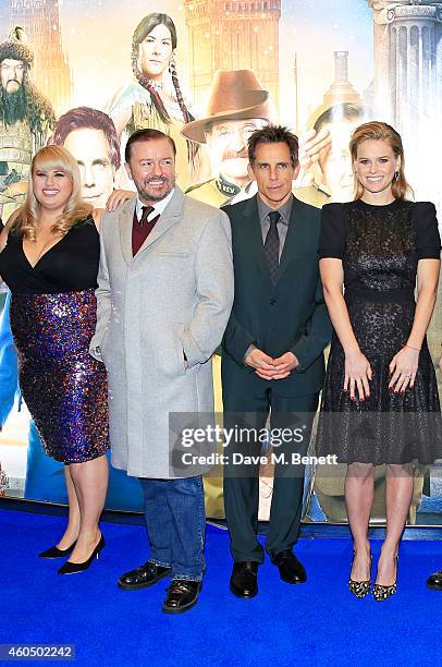 Rebel Wilson, Ricky Gervais, Ben Stiller and Alice Eve attend the UK Premiere of "Night At The Museum: Secret Of The Tomb" at Empire Leicester Square...