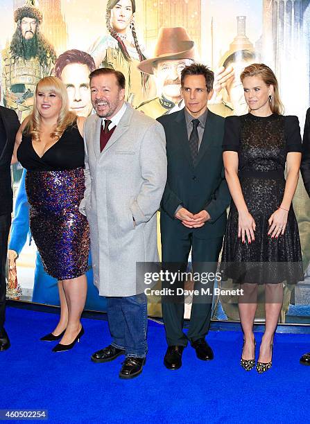 Rebel Wilson, Ricky Gervais, Ben Stiller and Alice Eve attend the UK Premiere of "Night At The Museum: Secret Of The Tomb" at Empire Leicester Square...