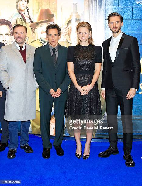 Ricky Gervais, Ben Stiller, Alice Eve and Dan Stevens attend the UK Premiere of "Night At The Museum: Secret Of The Tomb" at Empire Leicester Square...