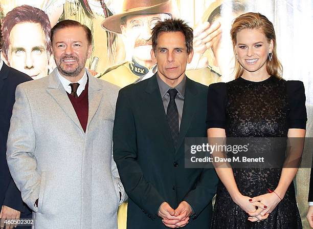 Ricky Gervais, Ben Stiller and Alice Eve attend the UK Premiere of "Night At The Museum: Secret Of The Tomb" at Empire Leicester Square on December...