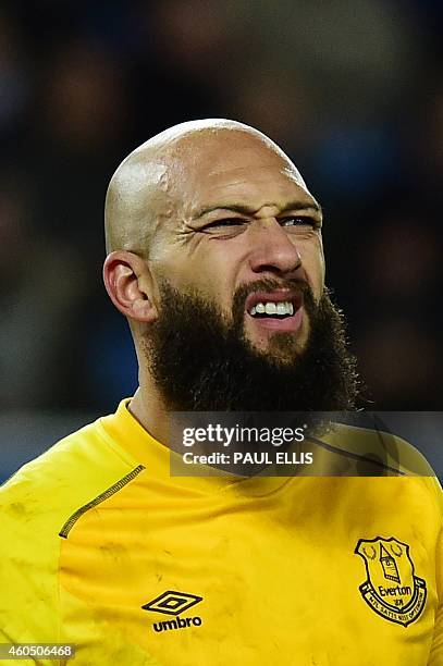 Everton's US goalkeeper Tim Howard reacts during the English Premier League football match between Everton and Queens Park Rangers at Goodison Park...