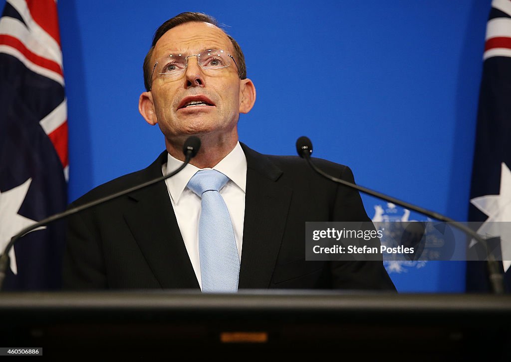 Prime Minister Tony Abbott Addresses The Media In Relation To Sydney's Hostage Incident